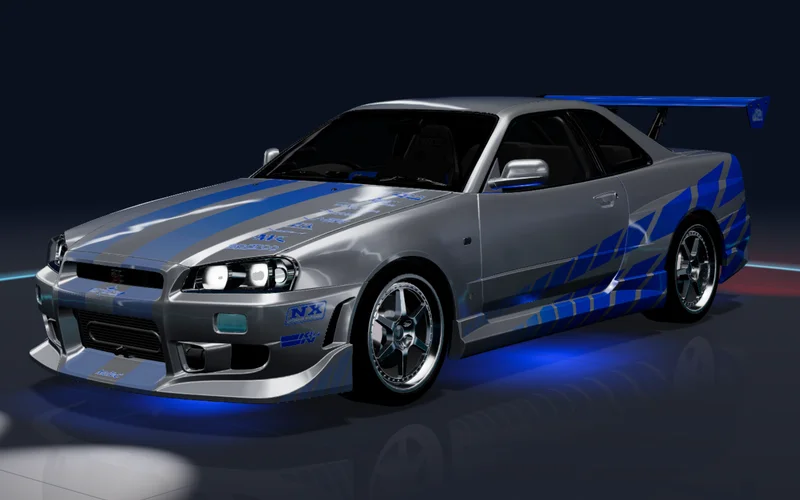 Anteprima di una Nissan Skyline R34 in 3D in uno studio blu notte, con fari e neon accesi
